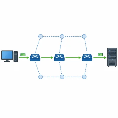 A packet travels from a computer through several routers to reach a server.