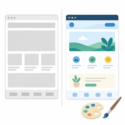 A split diagram showing a plain webpage structure beside a styled version of the same page.