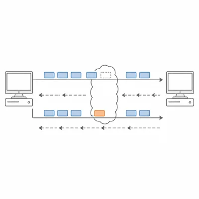 Diagram showing TCP-style packet delivery with acknowledgments and retransmission of a missing packet.