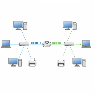 Diagram of two separate computer networks connected by a router forwarding data between them.