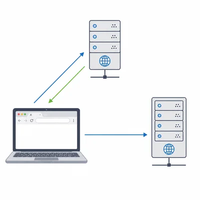 Diagram showing a laptop using a DNS server to locate and connect to a web server.