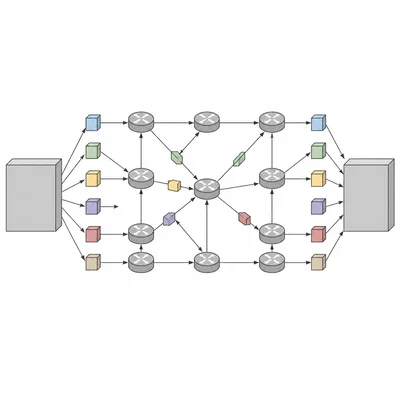 Diagram of a file split into packets, sent through different network paths, and reassembled.