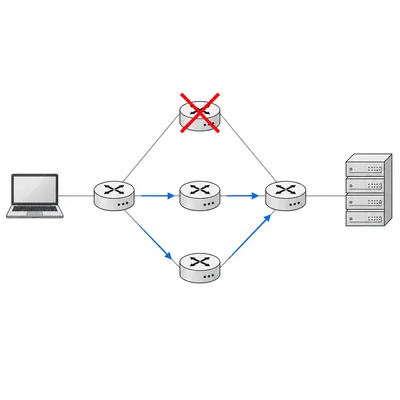 Network diagram with multiple router paths, one failed router, and traffic rerouted through alternate paths.