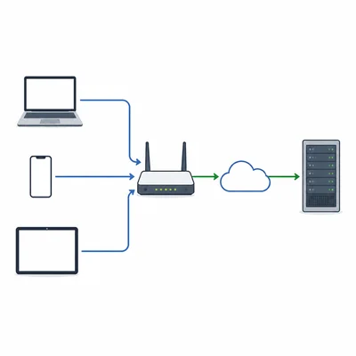 Diagram showing multiple home devices sharing one Internet connection through a router using NAT.