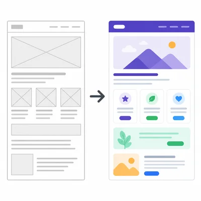 A split-screen webpage mockup showing a plain page transformed into a styled page.