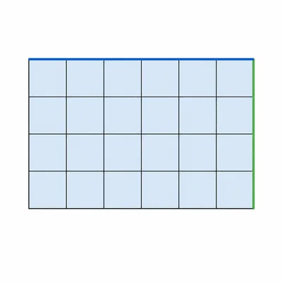 A shaded grid rectangle with two highlighted sides showing length, width, and area.