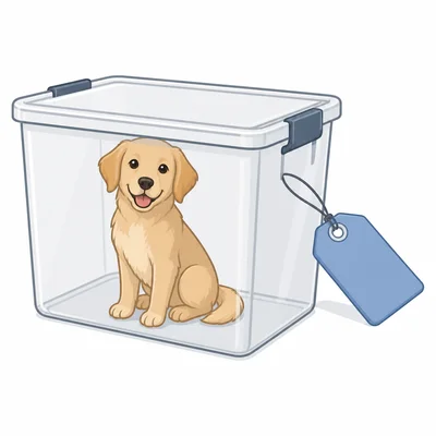A dog inside a clear storage box with a blank tag, representing a variable value and its name.