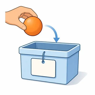 A storage box with a blank tag holds a colorful object, representing a variable storing information.