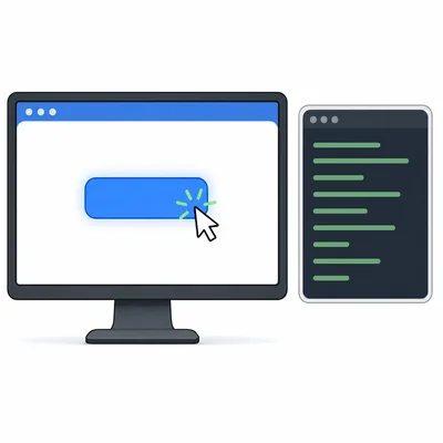 A cursor clicks a web page button, causing output to appear in a console panel.