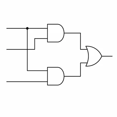 Circuit with two AND gates feeding one OR gate, with one shared input branch.