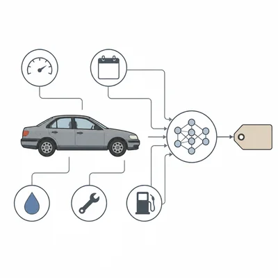 Used car features such as mileage, age, condition, and color feeding into a model to predict price.