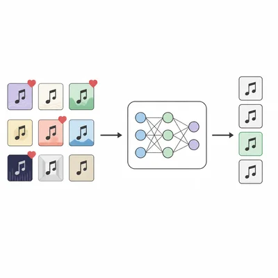 Diagram of liked songs going into a model and producing recommended songs.