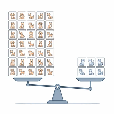 Imbalanced dataset with many dog images and few cat images shown on a tilted scale.