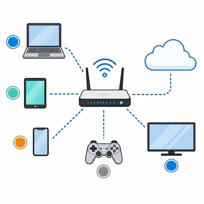 Devices connected to a router, each with a unique tag representing an IP address.