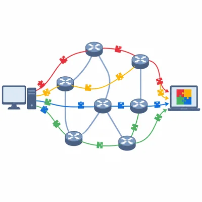 Packets from one message taking different routes and reassembling at the destination.