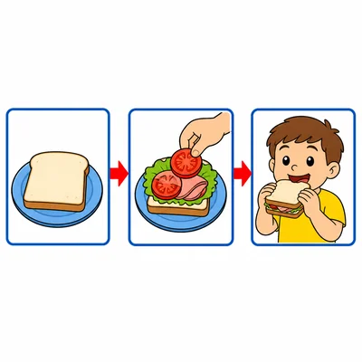 A correct sandwich-making sequence from bread to filling to eating.