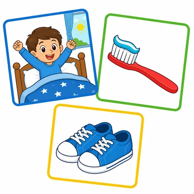 Three morning routine pictures: waking up, brushing teeth, and shoes.