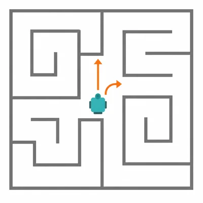 A robot in a maze moves toward a wall and turns right, with a nearby dead-end or loop.