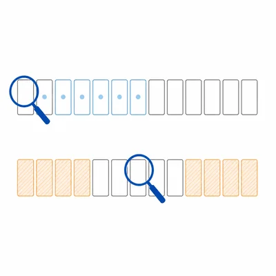 Two search methods are compared: checking cards one by one and narrowing a list by halves.