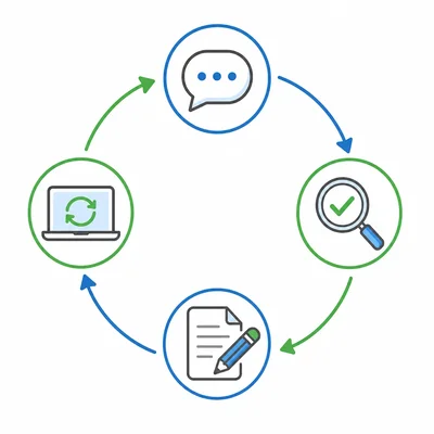 A circular cycle diagram with icons for asking, checking, revising, and trying again.