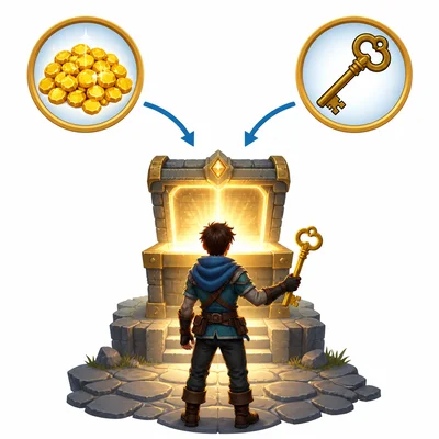 Game character with coins and a key unlocking a bonus chest.