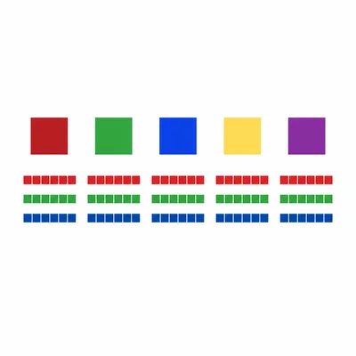 Five pixels each shown with red, green, and blue bit blocks.
