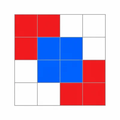 A 4 by 4 pixel grid with red, blue, and white squares.
