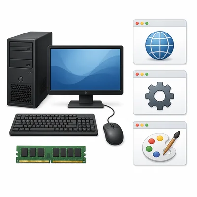 Physical computer parts shown beside software window icons.