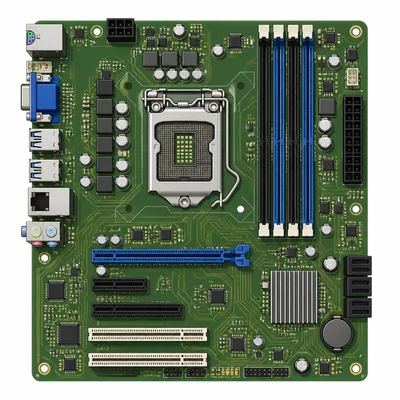 Simplified motherboard with connected computer components.