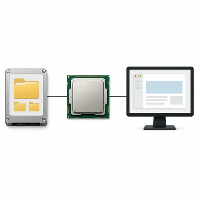 CPU chip shown as separate from storage files and software.