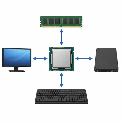 CPU chip connected to other computer parts with arrows.