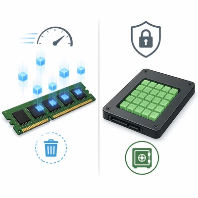 RAM stick compared visually with an SSD storage drive.