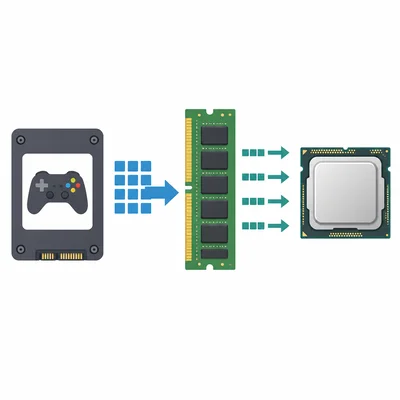Game data moves from SSD to RAM and then to the CPU.
