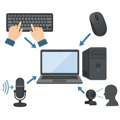Input devices sending information into a computer.