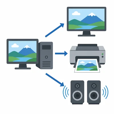 Output devices sending information out from a computer.