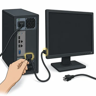 Blank monitor with cable connections being checked.