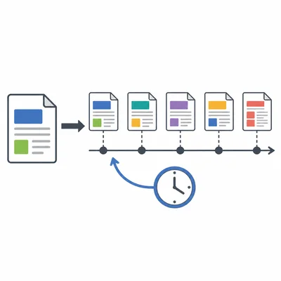 A document shown evolving through several saved versions along a timeline.