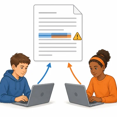 Two students make different edits to the same part of a shared document, causing a conflict.