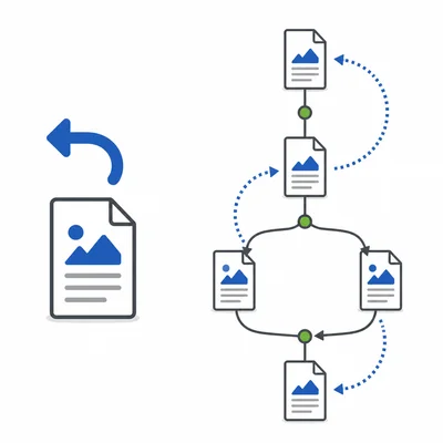 A single undo arrow is compared with a branching history of saved project versions.