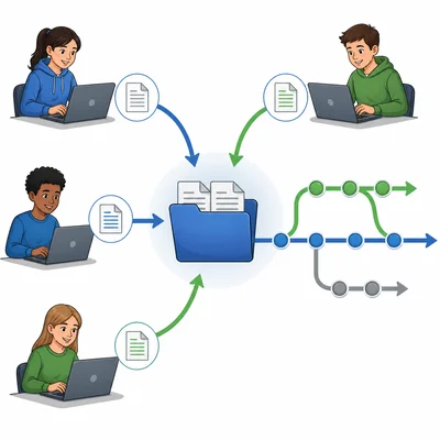 Multiple laptops share changes into one organized project history.
