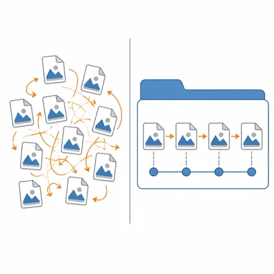 Messy duplicate files compared with an organized timeline of saved project versions.