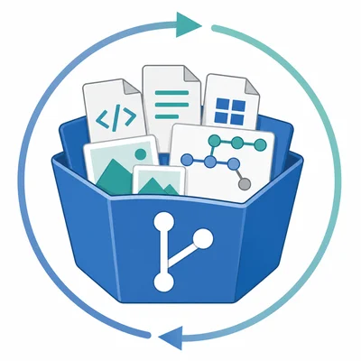 An open repository folder holding files and a project history diagram.