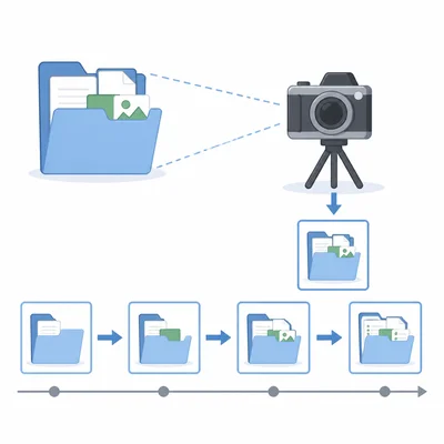 A camera takes snapshots of a project folder to represent commits.
