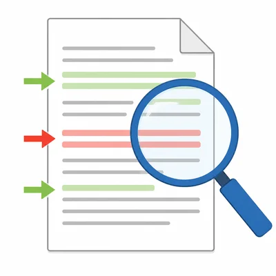 A document with highlighted changed lines being inspected with a magnifying glass.