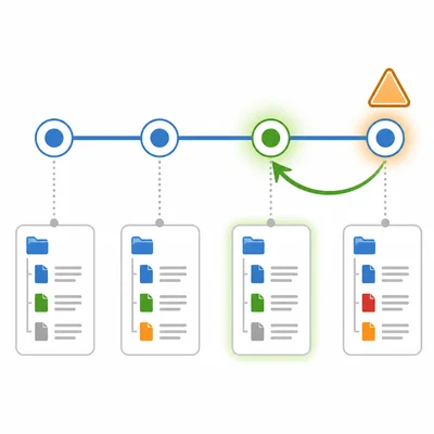 A project history timeline shows returning from a broken new version to an earlier stable version.