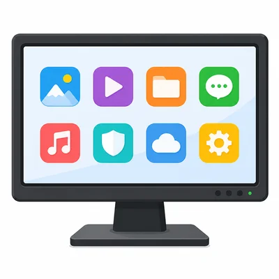 A monitor showing app icons on its screen.