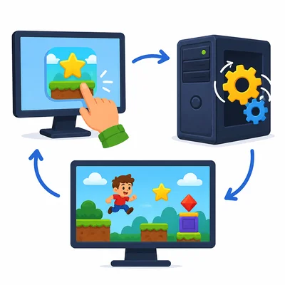 Three scenes show clicking a game icon, the computer processing, and the game appearing.