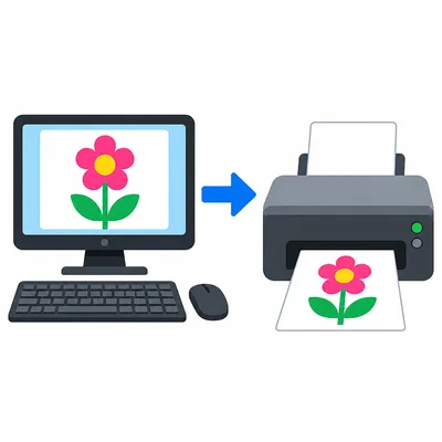 A computer sends a picture to a printer, which prints a paper copy.