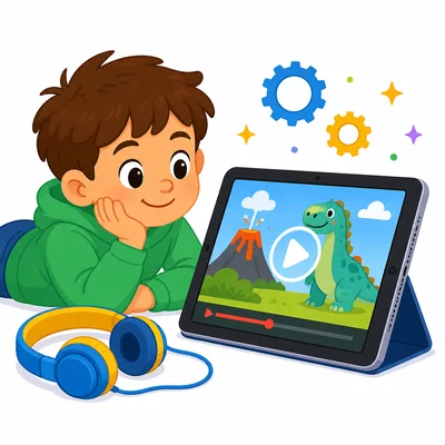 Child watching a video on a tablet with hardware and software elements shown.