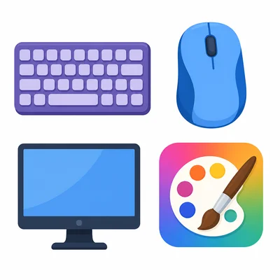 Keyboard, mouse, monitor, and drawing app icon.